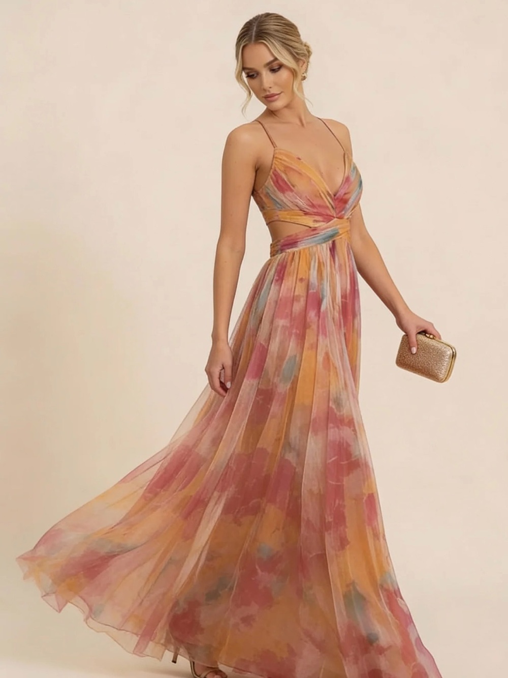 Multi-Color Watercolor Maxi Dress with Twist Bodice